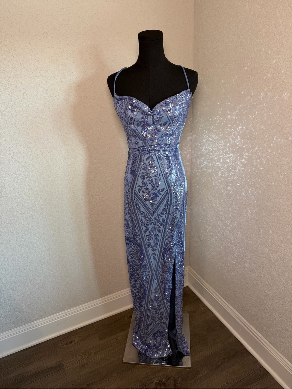 Light Blue Sequin Spaghetti-Strap Prom Gown